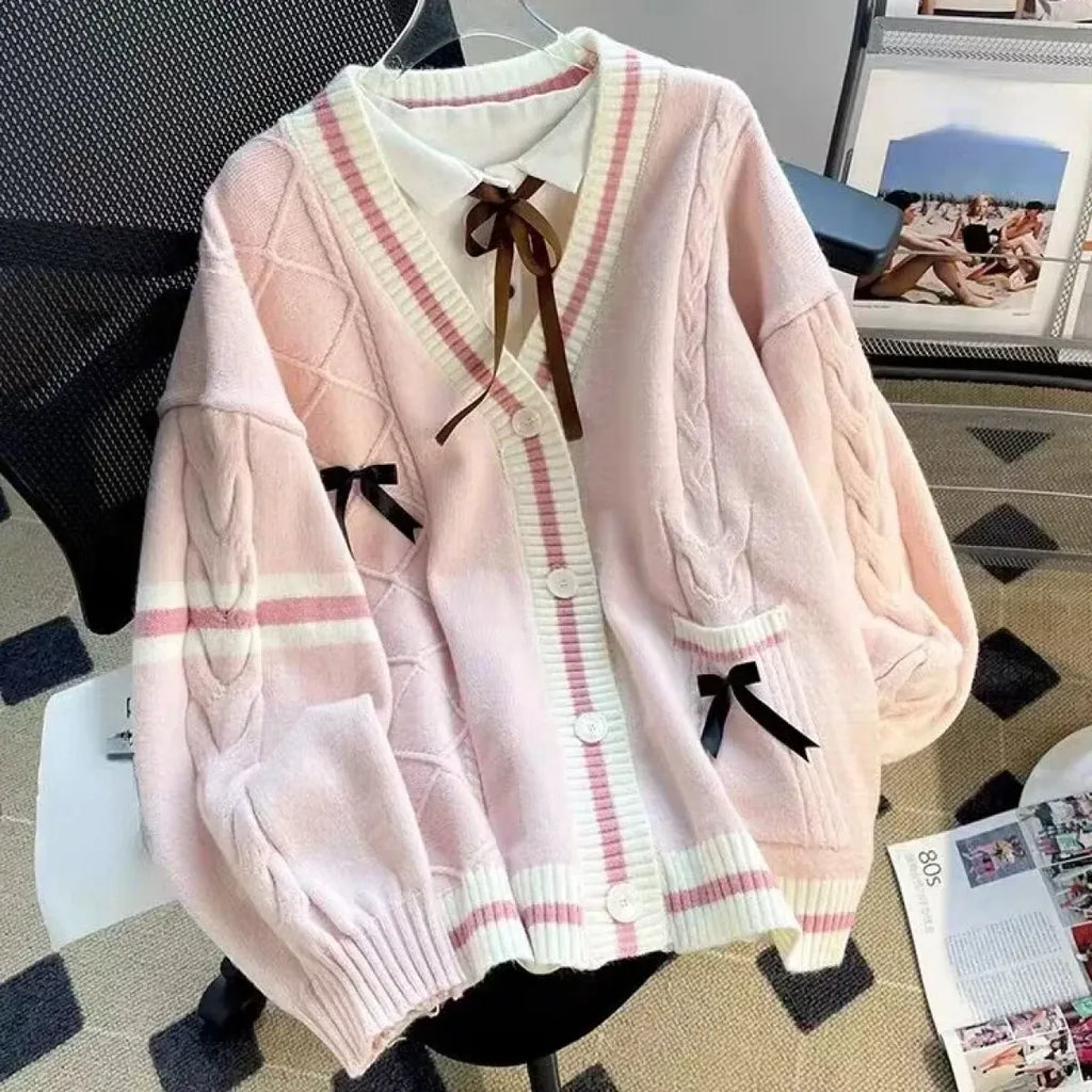 Bow Knit Cardigan – Y2K Aesthetic Contrast Trim Sweater - Sweaters - Long - V-neck - Cardigans - 8