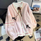 Bow Knit Cardigan – Y2K Aesthetic Contrast Trim Sweater - Sweaters - Long - V-neck - Cardigans - 8
