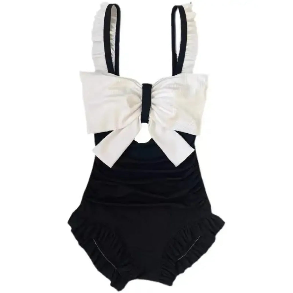 Bow Patchwork Swimsuit – Korean Ruffle One Piece Shorts - Harajuku Style - Spaghetti strap - Swimwear - 7