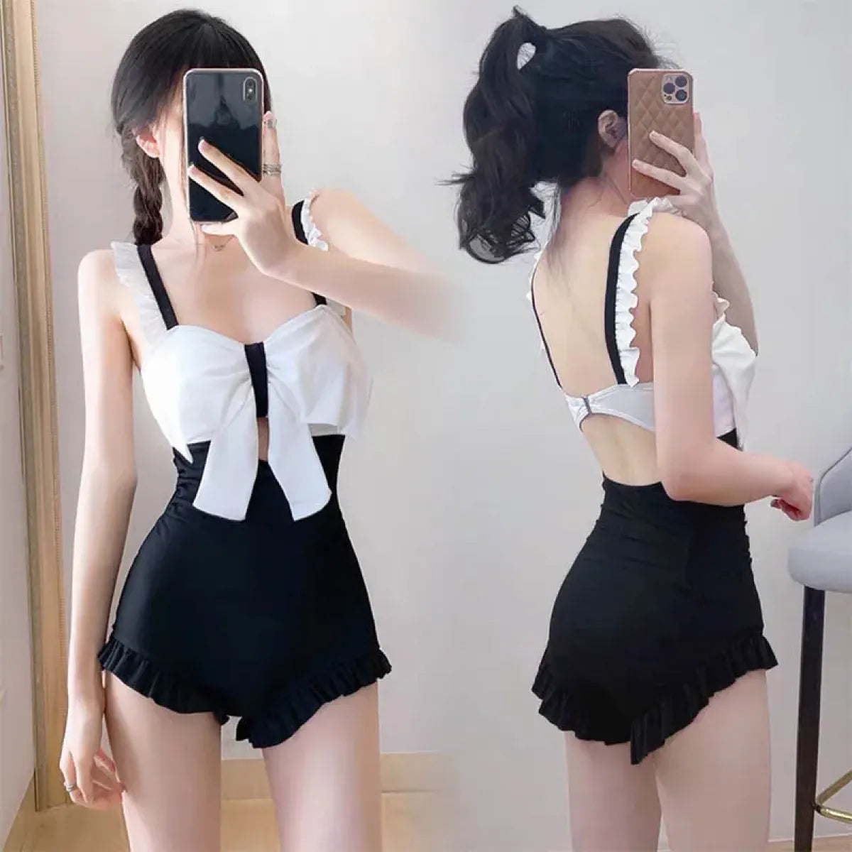 Bow Patchwork Swimsuit – Korean Ruffle One Piece Shorts - Best Sellers - Spaghetti strap - Swimwear - 1
