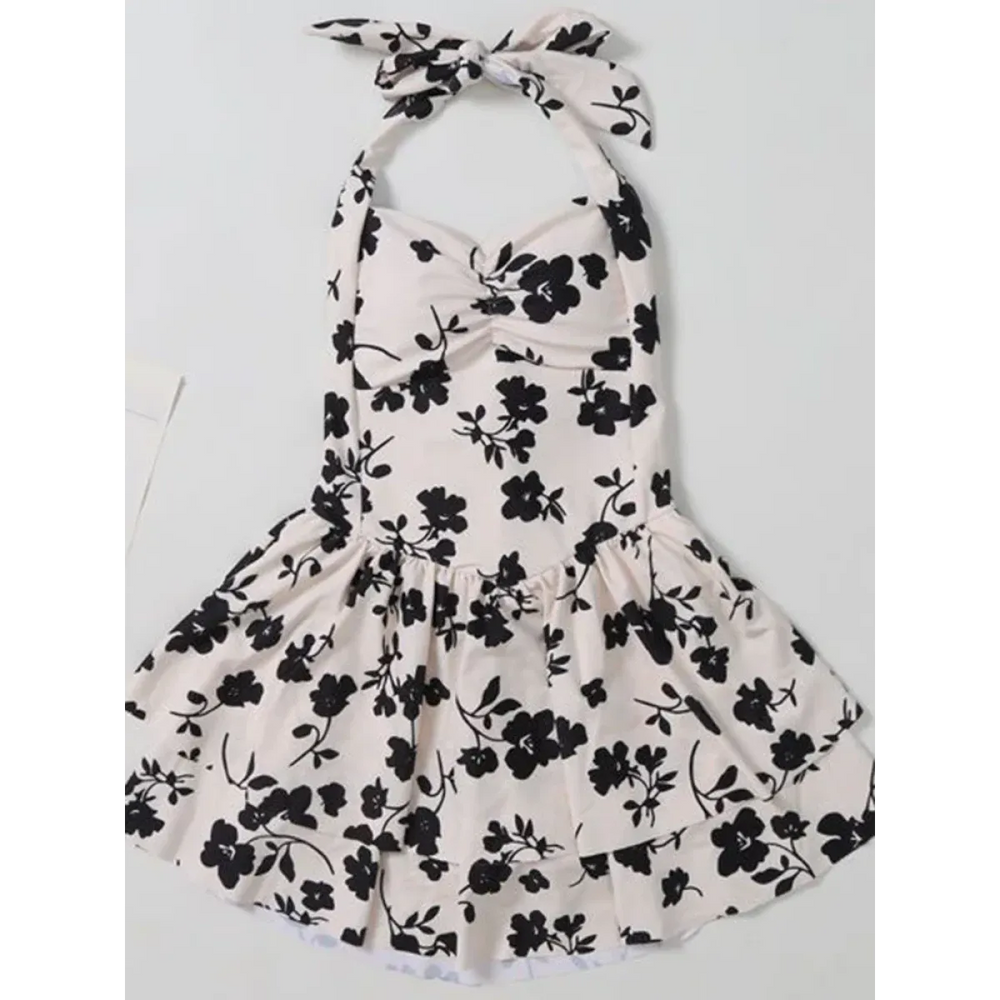 Floral Lace-Up Bow Swimsuit Dress - All Dresses - Swimwear - 1