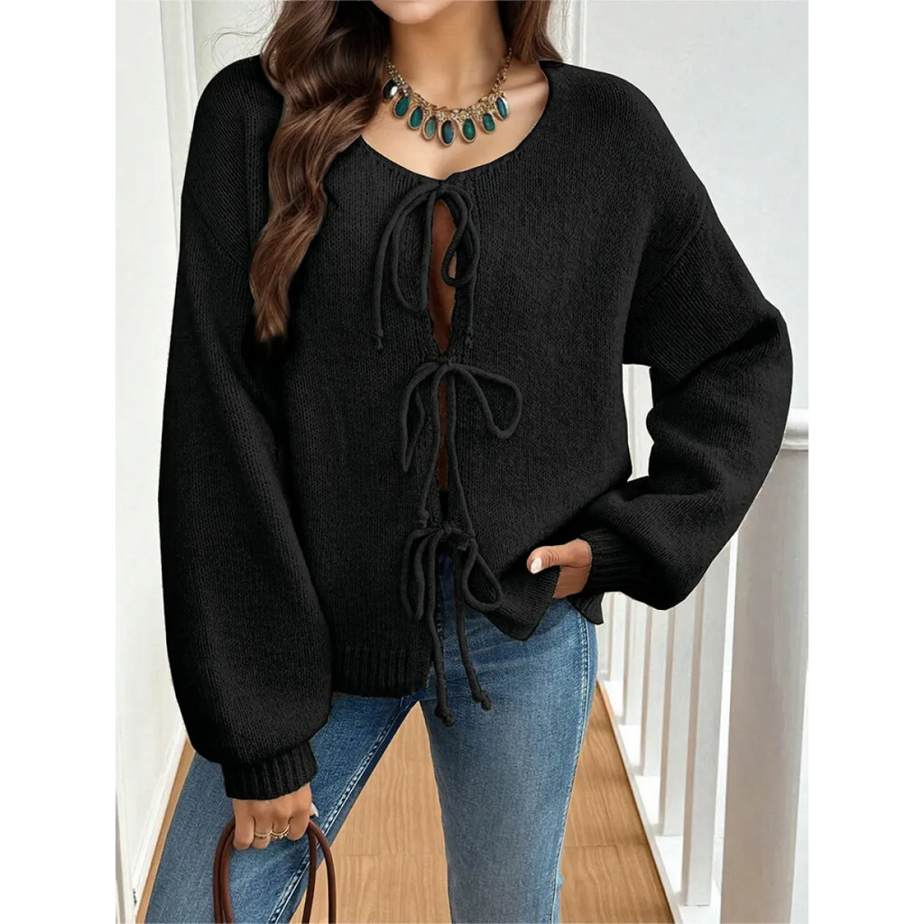 V-Neck Bow Tie Knit Cardigan – Autumn Layering Essential - Women’s Clothing & Accessories - Cardigan - 6