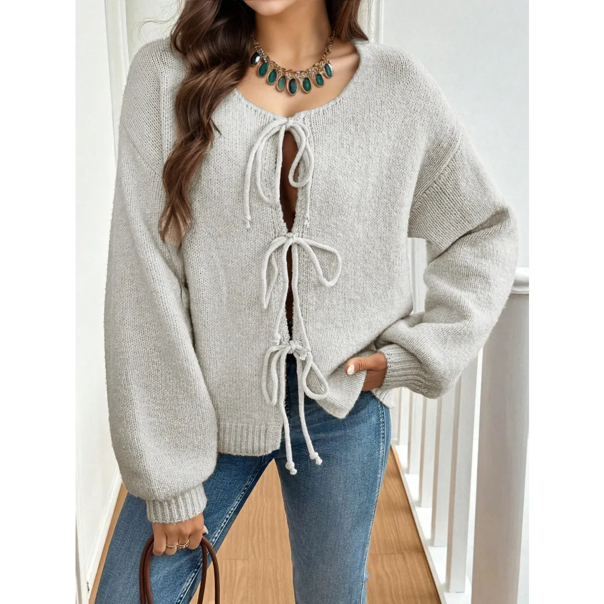 V-Neck Bow Tie Knit Cardigan – Autumn Layering Essential - Women’s Clothing & Accessories - Cardigan - 4