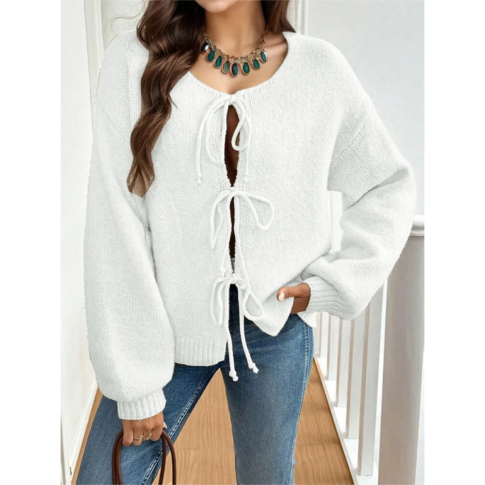 V-Neck Bow Tie Knit Cardigan – Autumn Layering Essential - Women’s Clothing & Accessories - Cardigan - 1