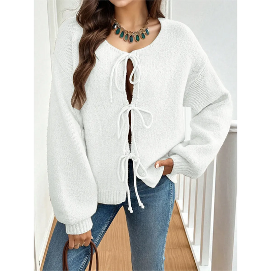 V-Neck Bow Tie Knit Cardigan – Autumn Layering Essential - Women’s Clothing & Accessories - Cardigan - 1