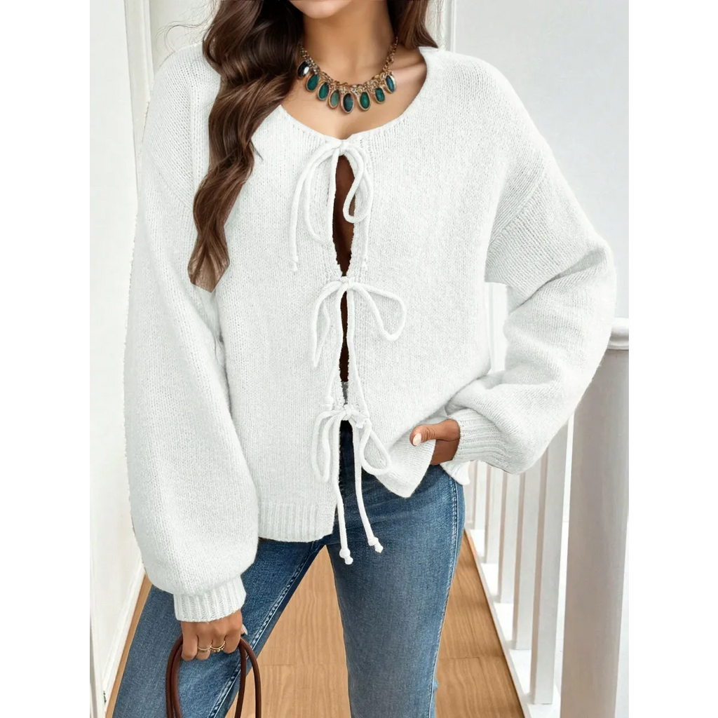 V-Neck Bow Tie Knit Cardigan – Autumn Layering Essential - Women’s Clothing & Accessories - Cardigan - 5