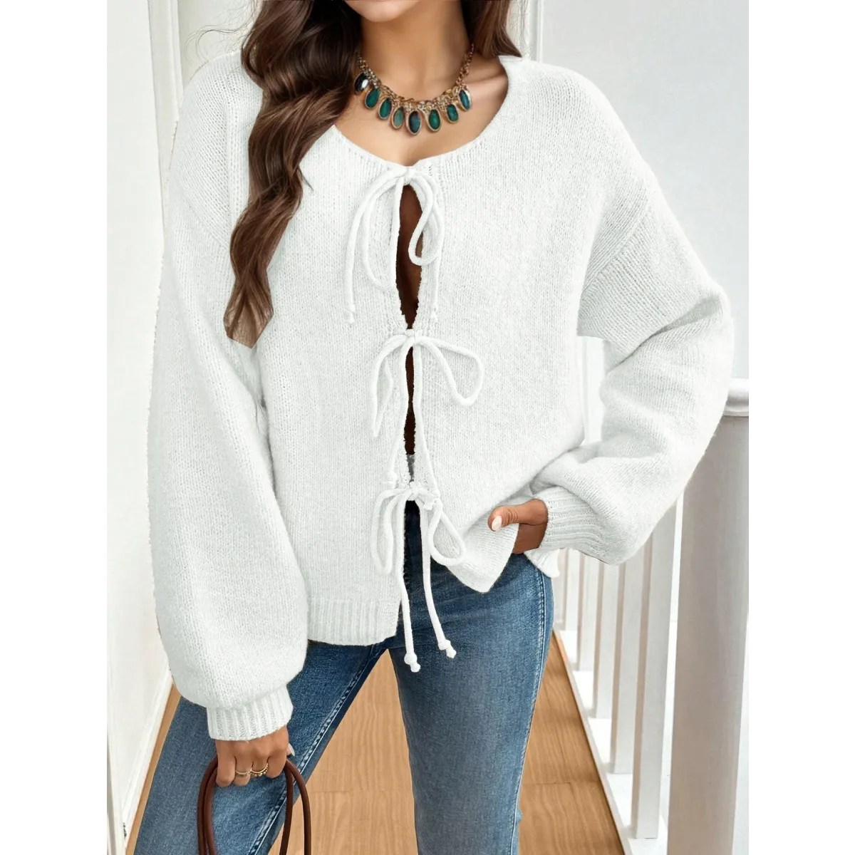 V-Neck Bow Tie Knit Cardigan – Autumn Layering Essential - Best Sellers - Cardigan - 5