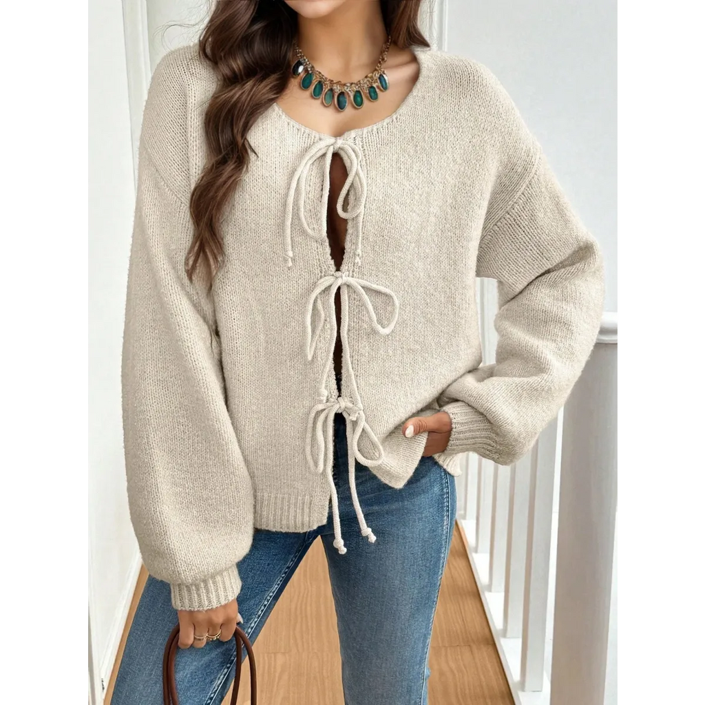 V-Neck Bow Tie Knit Cardigan – Autumn Layering Essential - Women’s Clothing & Accessories - Cardigan - 7