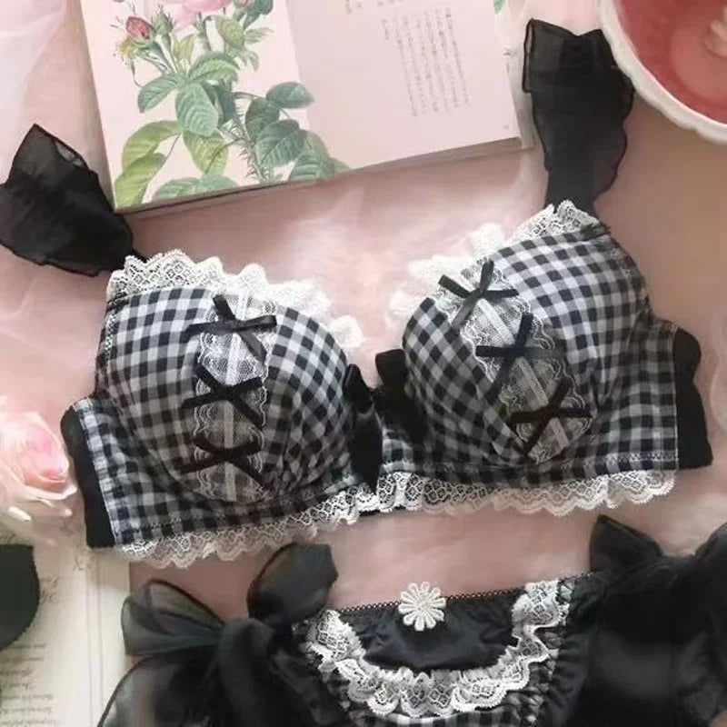 Kawaii Plaid Lace Bra Set - Cute Loli Style Underwear for Women - Women’s Clothing & Accessories - Lingerie - 2024