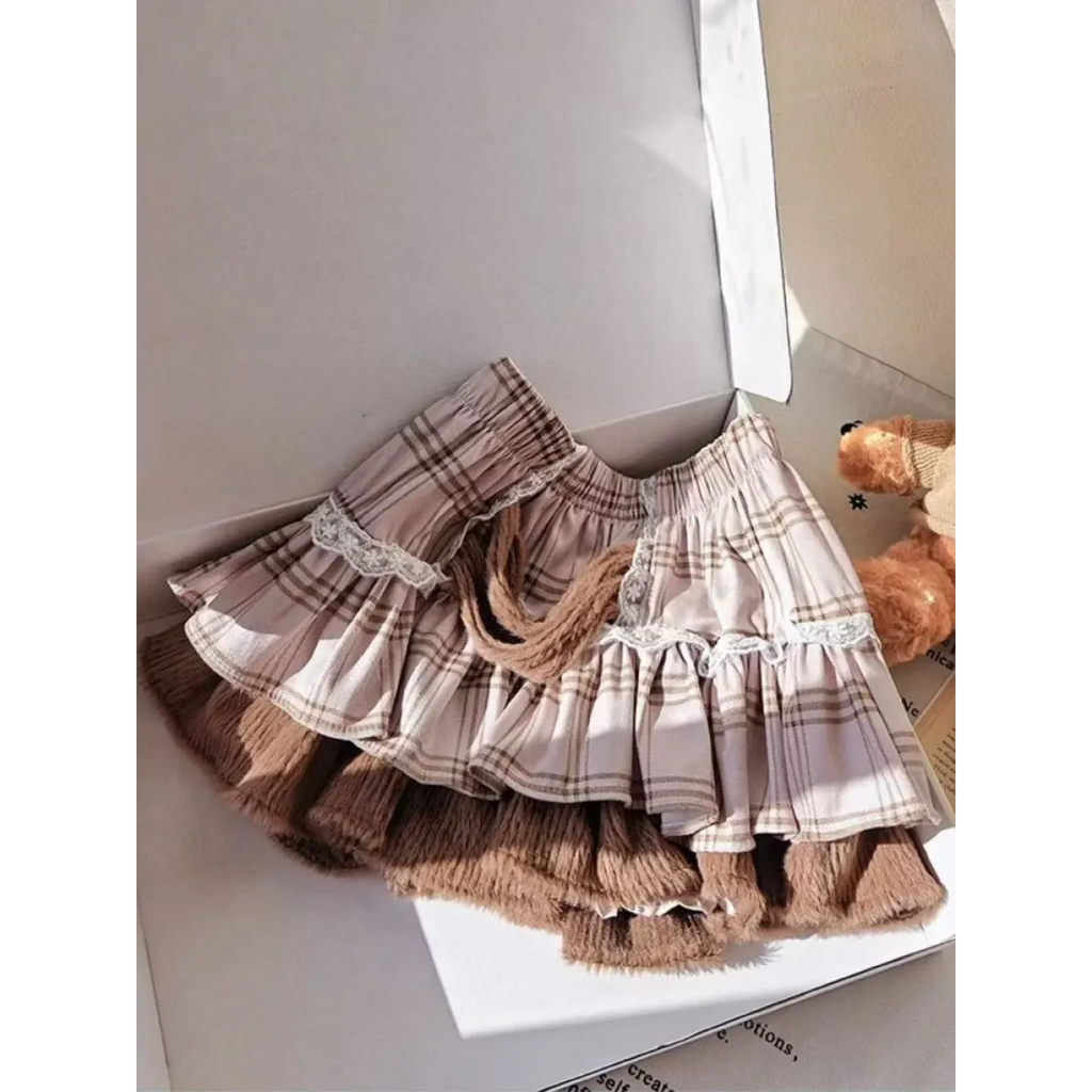 Brown Plaid Ruffle Hem Mini Skirt – Kawaii Harajuku Style - Bottoms - Skirts - 1