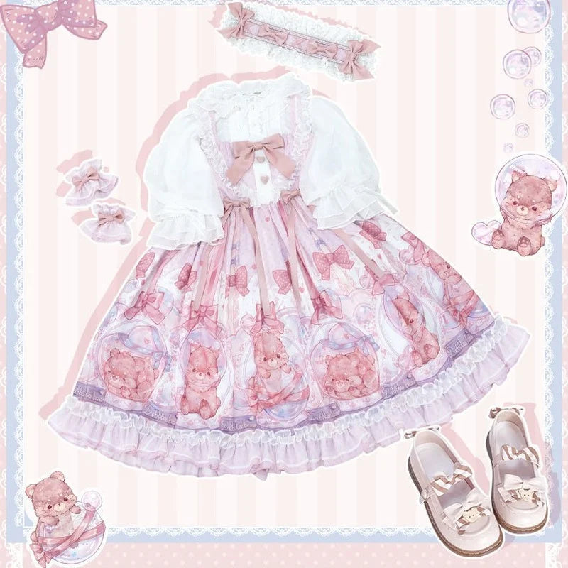 Pink Sweet Lolita JSK Dress - Bubble Bear Print - All Dresses - Dresses - 1 - 2024