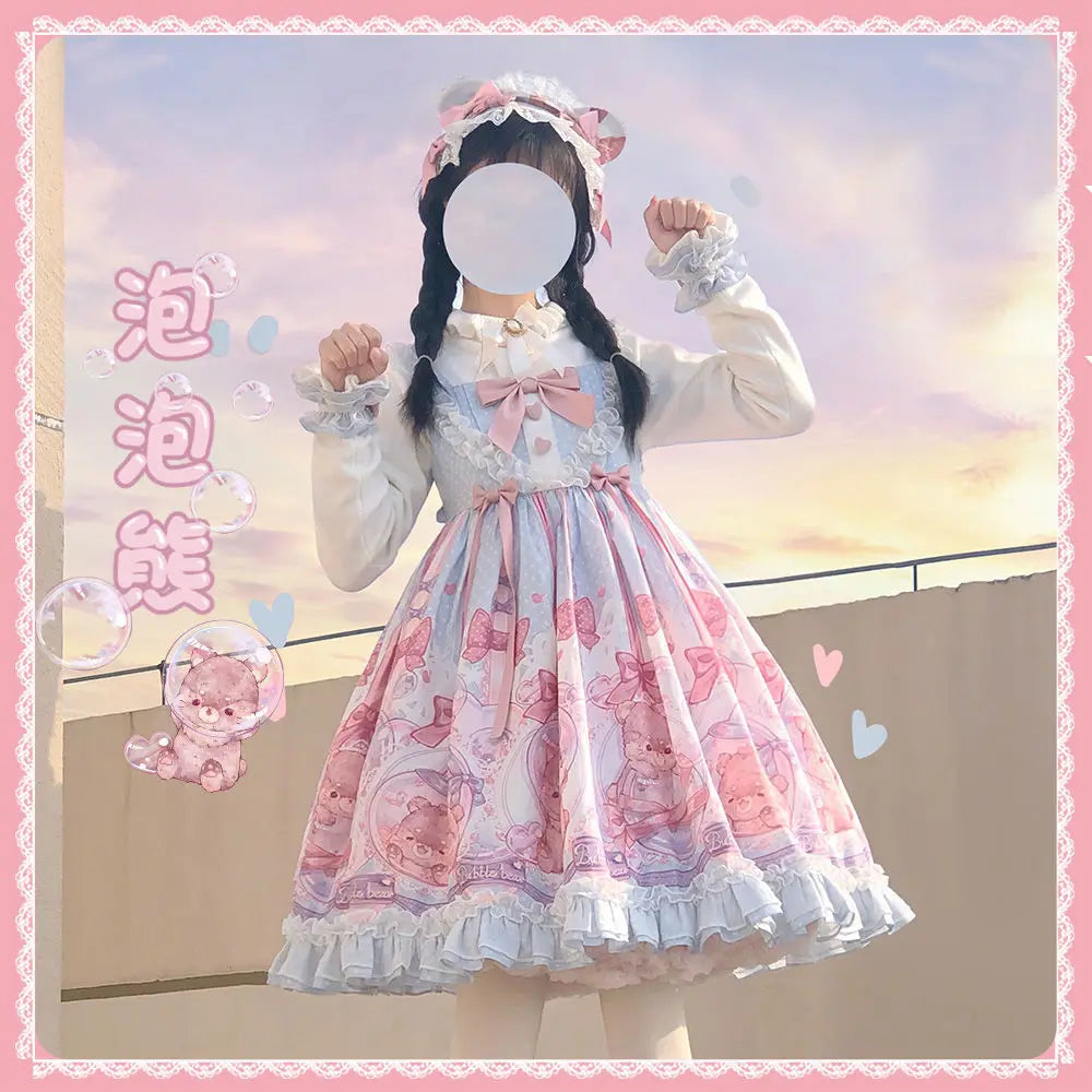 Pink Sweet Lolita JSK Dress - Bubble Bear Print - All Dresses - Dresses - 3 - 2024