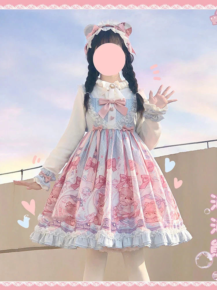 Pink Sweet Lolita JSK Dress - Bubble Bear Print - Blue / M - All Dresses - Dresses - 7 - 2024