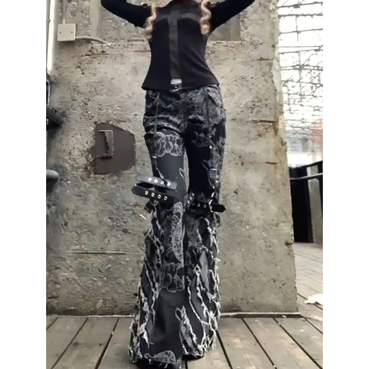 Gothic Y2K Flare Ripped Strap Jeans - Bottoms - Jeans - 1