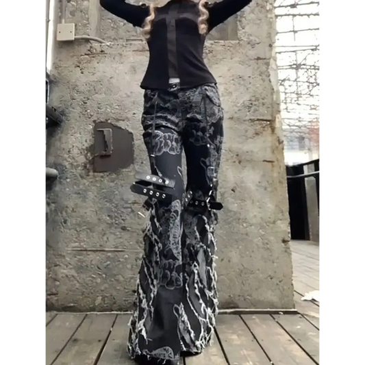 Gothic Y2K Flare Ripped Strap Jeans - Bottoms - Jeans - 1