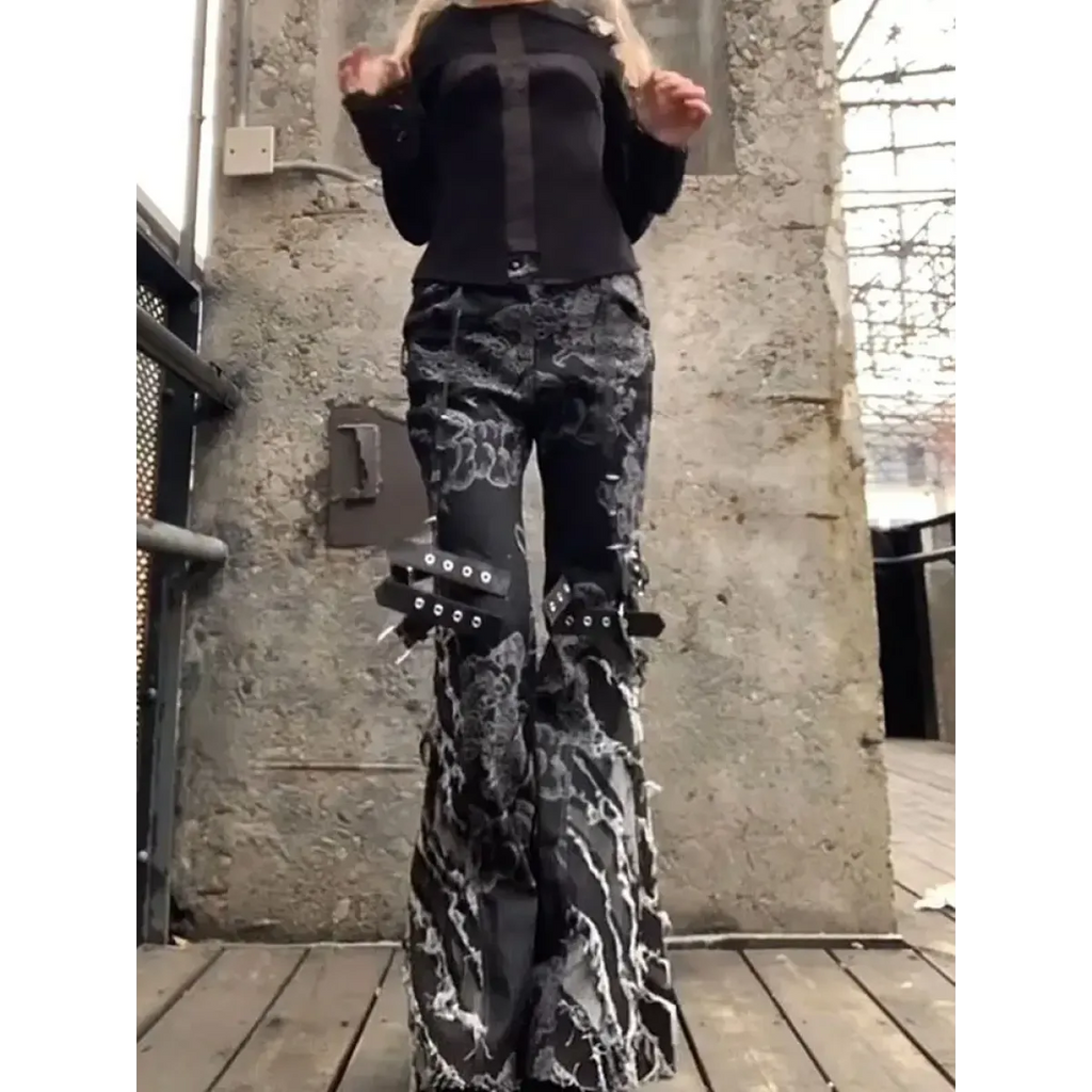 Gothic Y2K Flare Ripped Strap Jeans - Bottoms - Jeans - 4
