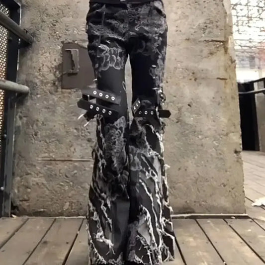 Gothic Y2K Flare Ripped Strap Jeans - Bottoms - Jeans - 7