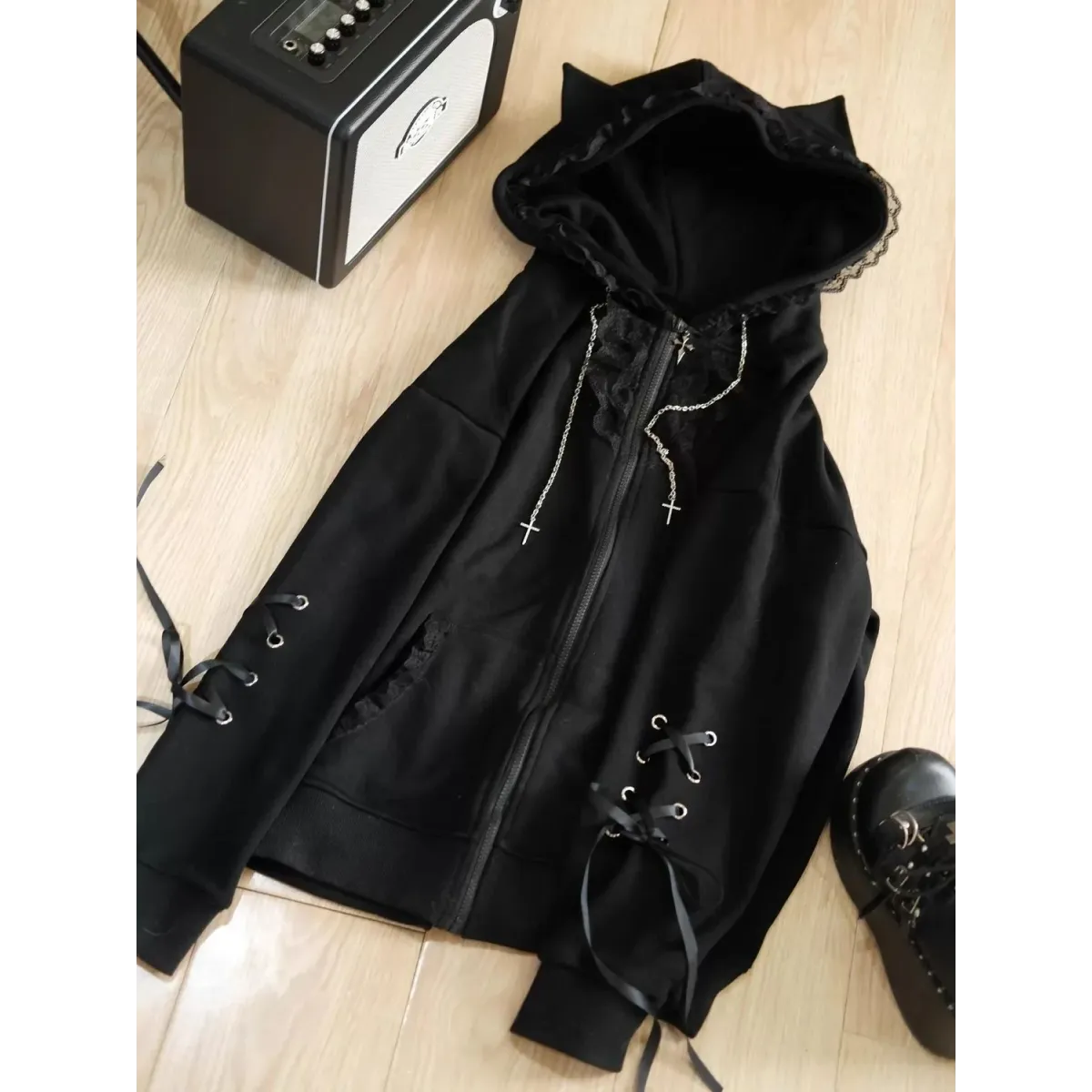 Kawaii Bunny Ear Lace-Up Hooded Zip Jacket - Women’s Clothing & Accessories - Hoodie - 3