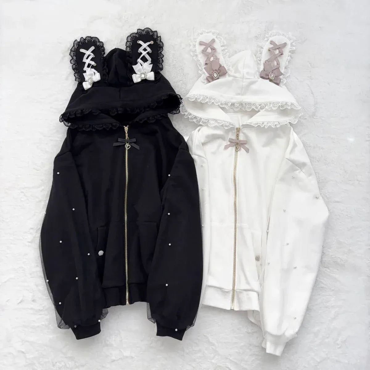 Kawaii Bunny Ear Lace-Up Hooded Zip Jacket - Women’s Clothing & Accessories - Hoodie - 2