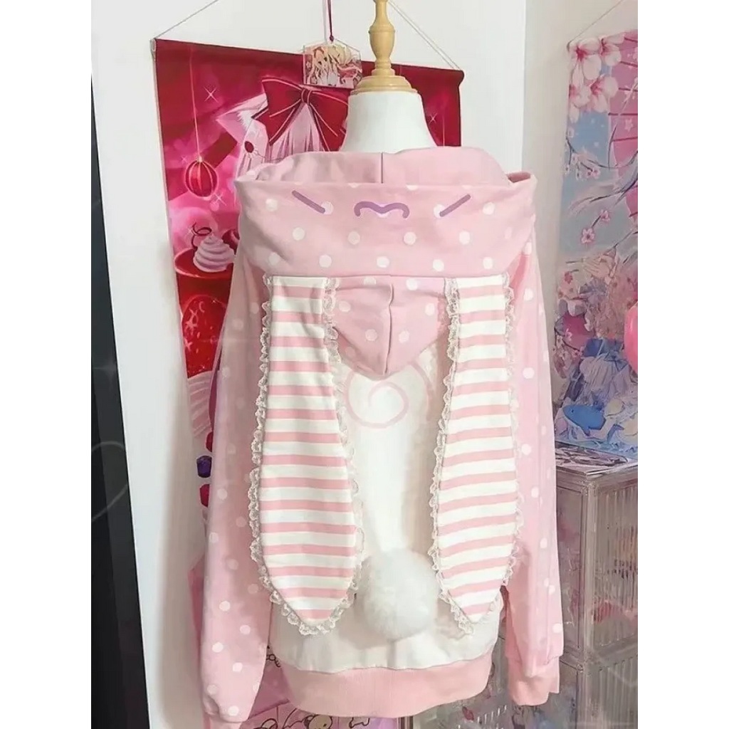 Kawaii Bunny Ear Lace-Up Hooded Zip Jacket - Women’s Clothing & Accessories - Hoodie - 6