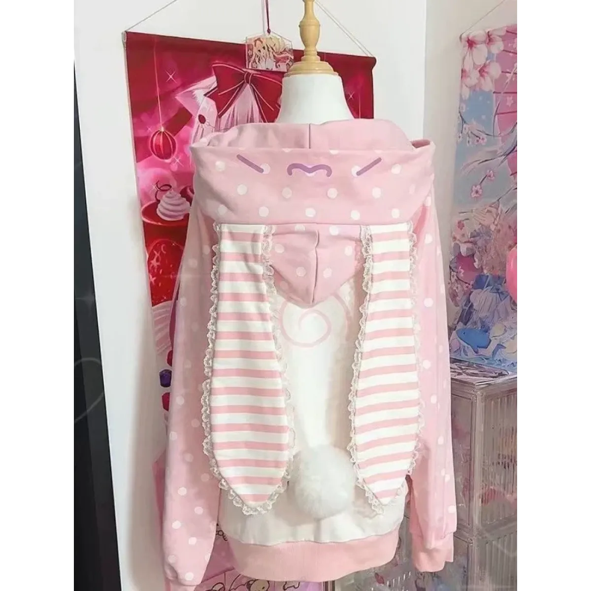 Kawaii Bunny Ear Lace-Up Hooded Zip Jacket - Women’s Clothing & Accessories - Hoodie - 6