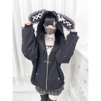 Kawaii Bunny Ear Lace-Up Hooded Zip Jacket - Women’s Clothing & Accessories - Hoodie - 1