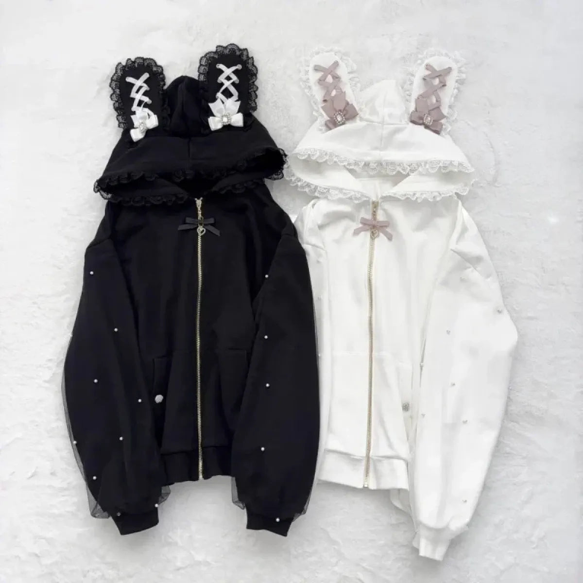 Lace Bunny Ear Patchwork Hoodie Jacket - Hoodies & Sweatshirts - Hoodie - 1