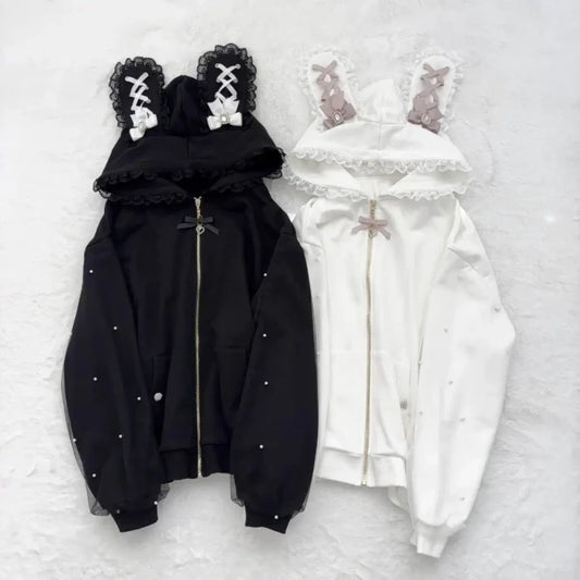 Lace Bunny Ear Patchwork Hoodie Jacket - Hoodies & Sweatshirts - Hoodie - 1