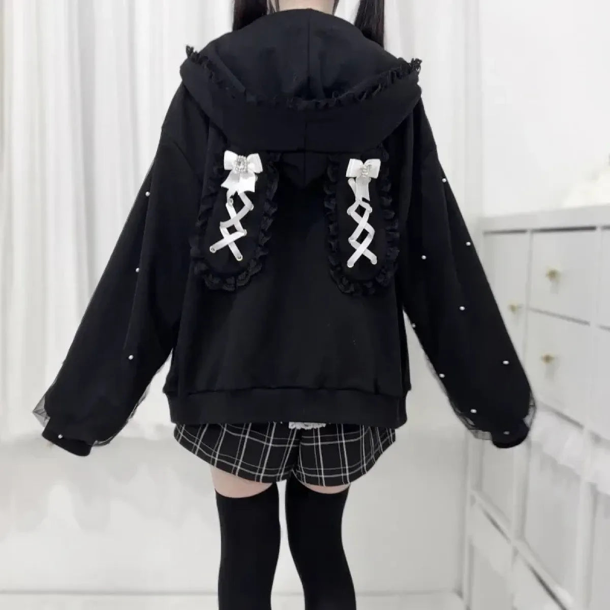 Lace Bunny Ear Patchwork Hoodie Jacket - Hoodies & Sweatshirts - Hoodie - 3