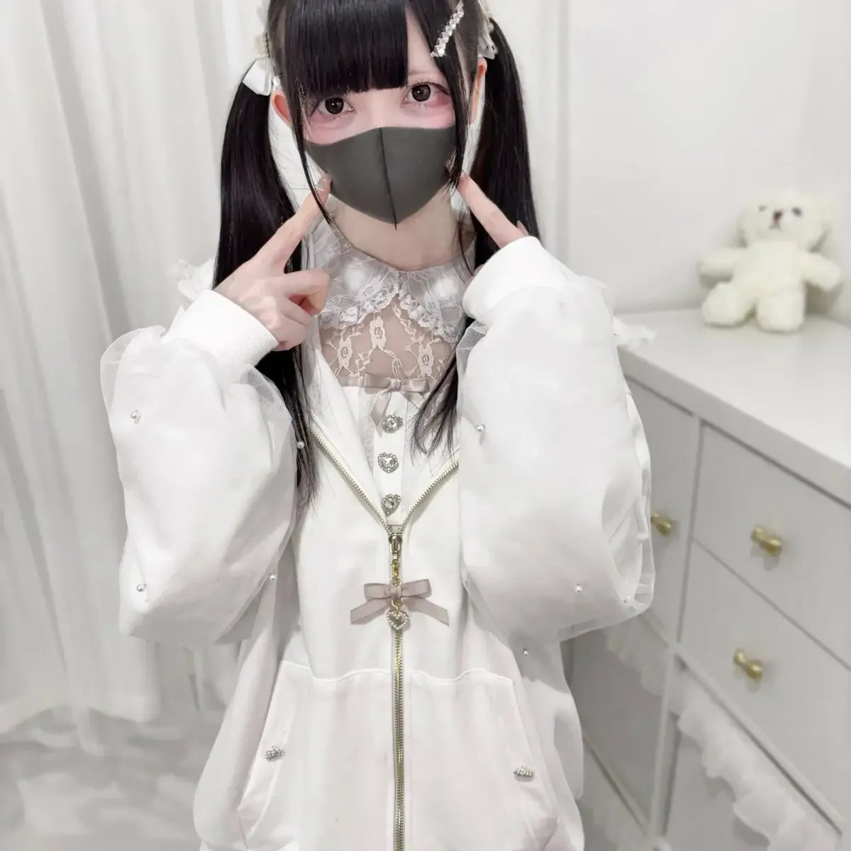 Lace Bunny Ear Patchwork Hoodie Jacket - Hoodies & Sweatshirts - Hoodie - 8