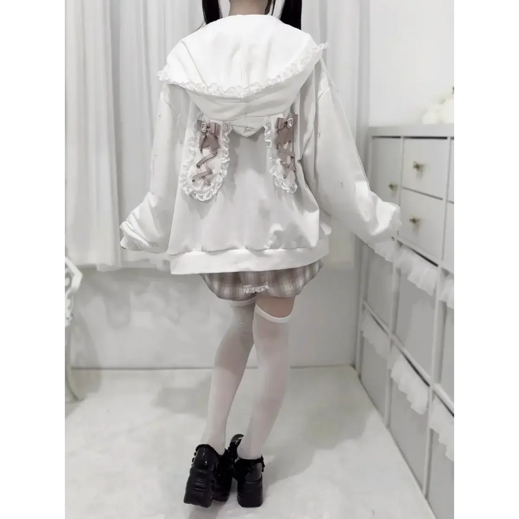 Lace Bunny Ear Patchwork Hoodie Jacket - Hoodies & Sweatshirts - Hoodie - 5