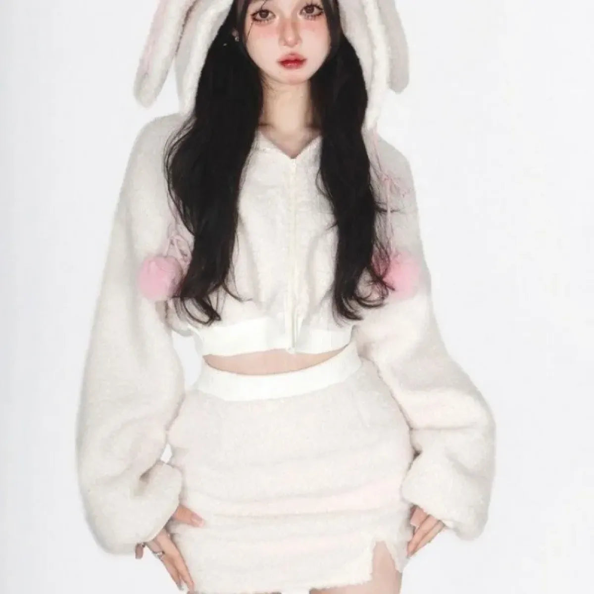 Fluffy Bunny Ear Hoodie & Bodycon Skirt Set - Bottoms - Sets / Co-ords - 6