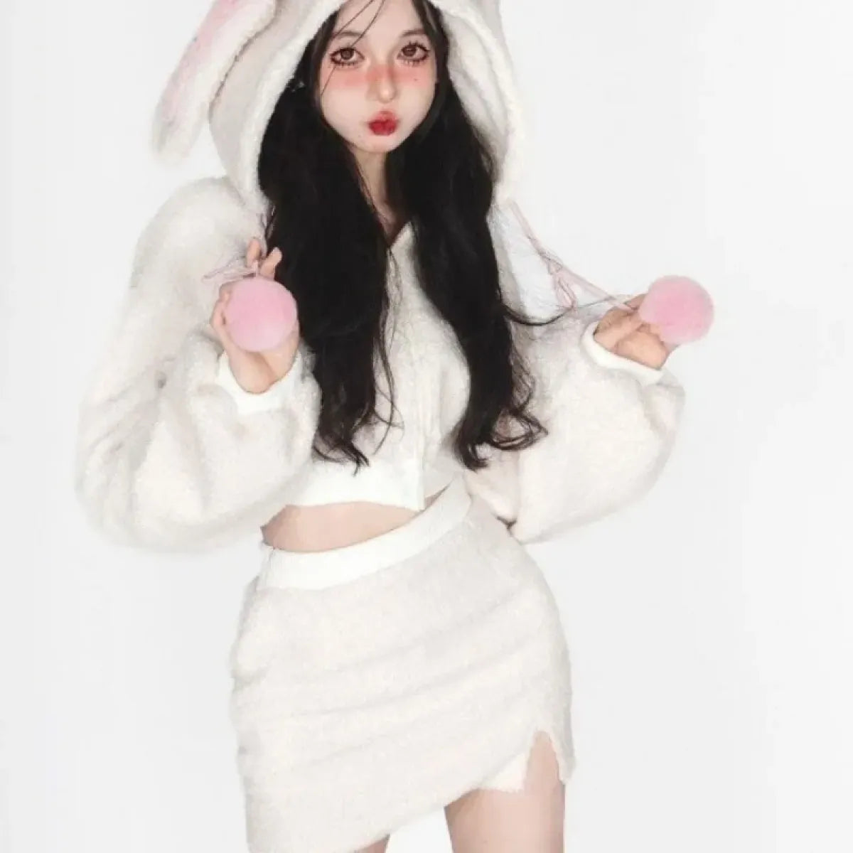 Fluffy Bunny Ear Hoodie & Bodycon Skirt Set - Bottoms - Sets / Co-ords - 5