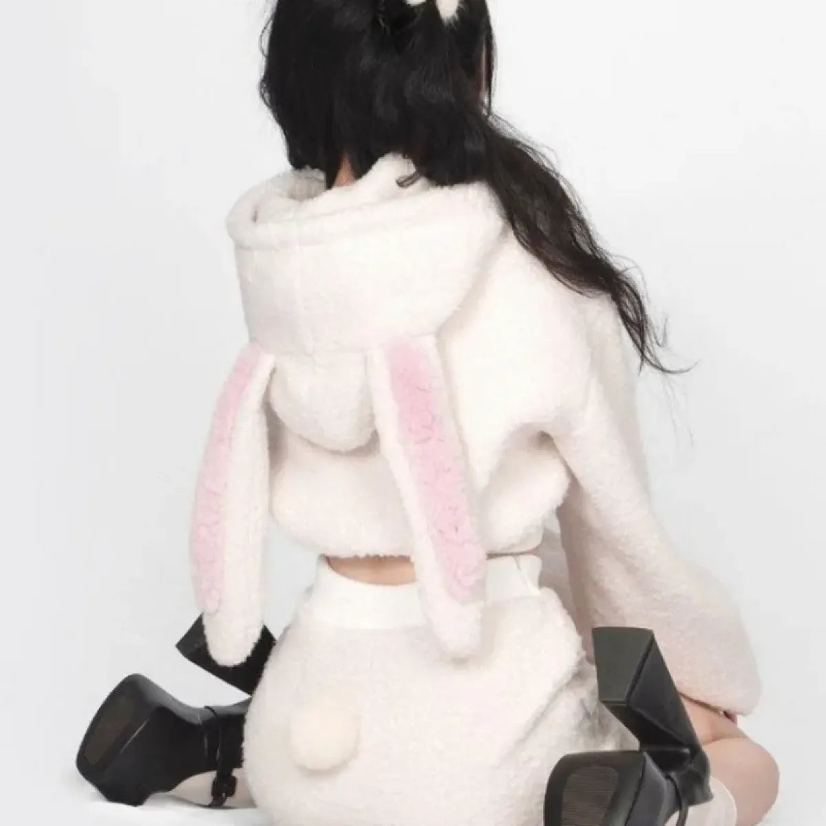 Fluffy Bunny Ear Hoodie & Bodycon Skirt Set - Bottoms - Sets / Co-ords - 3