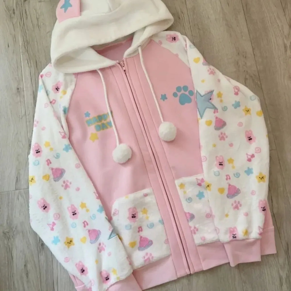 Kawaii Harajuku Zip Hoodie with Bunny Ears - Hoodies & Sweatshirts - Hoodie - 1