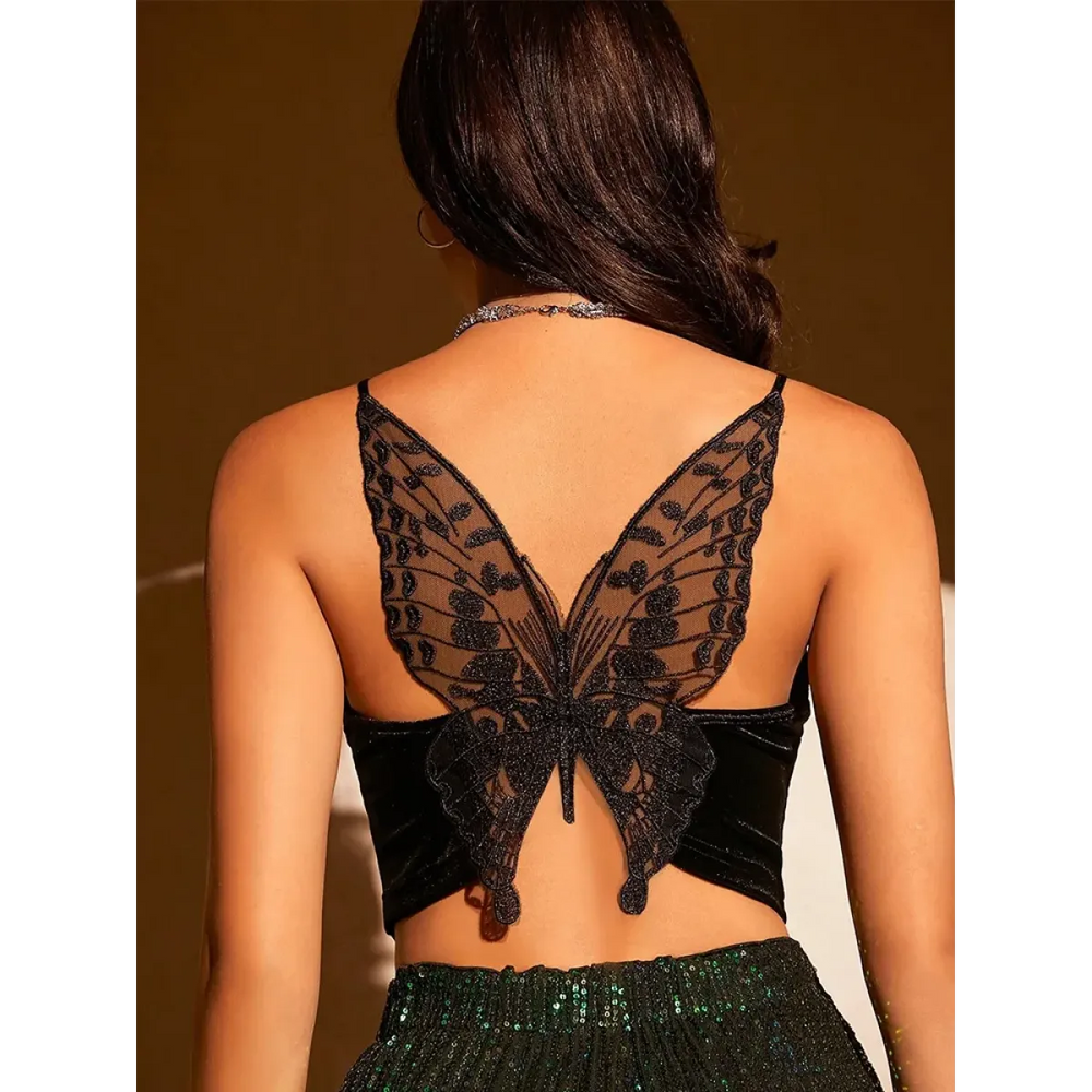 Butterfly Embroidery Mesh Velvet Cami - Camis & Tops - 1