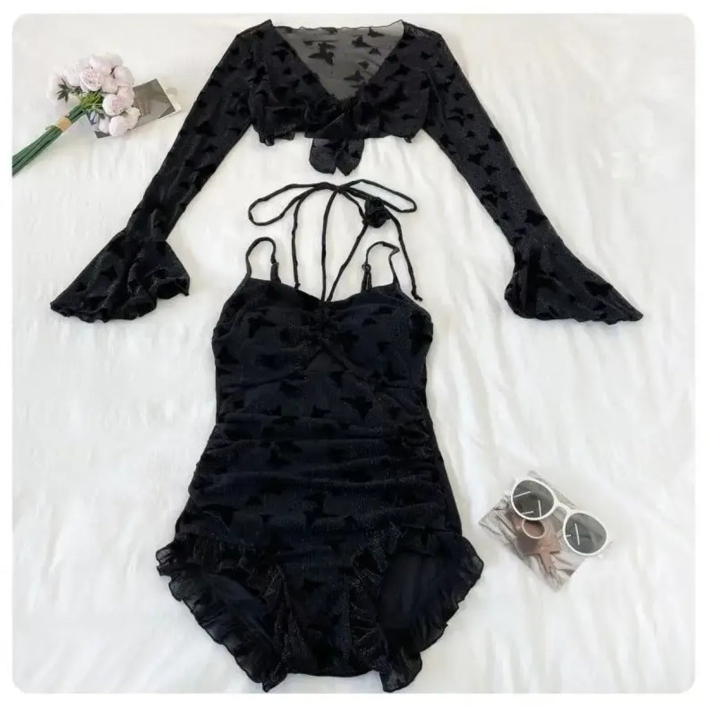 Butterfly Glitter Swimsuit – Kpop 3D Flower 3PCS Mesh Set - Tops & Tees - Long - Swimwear - 6