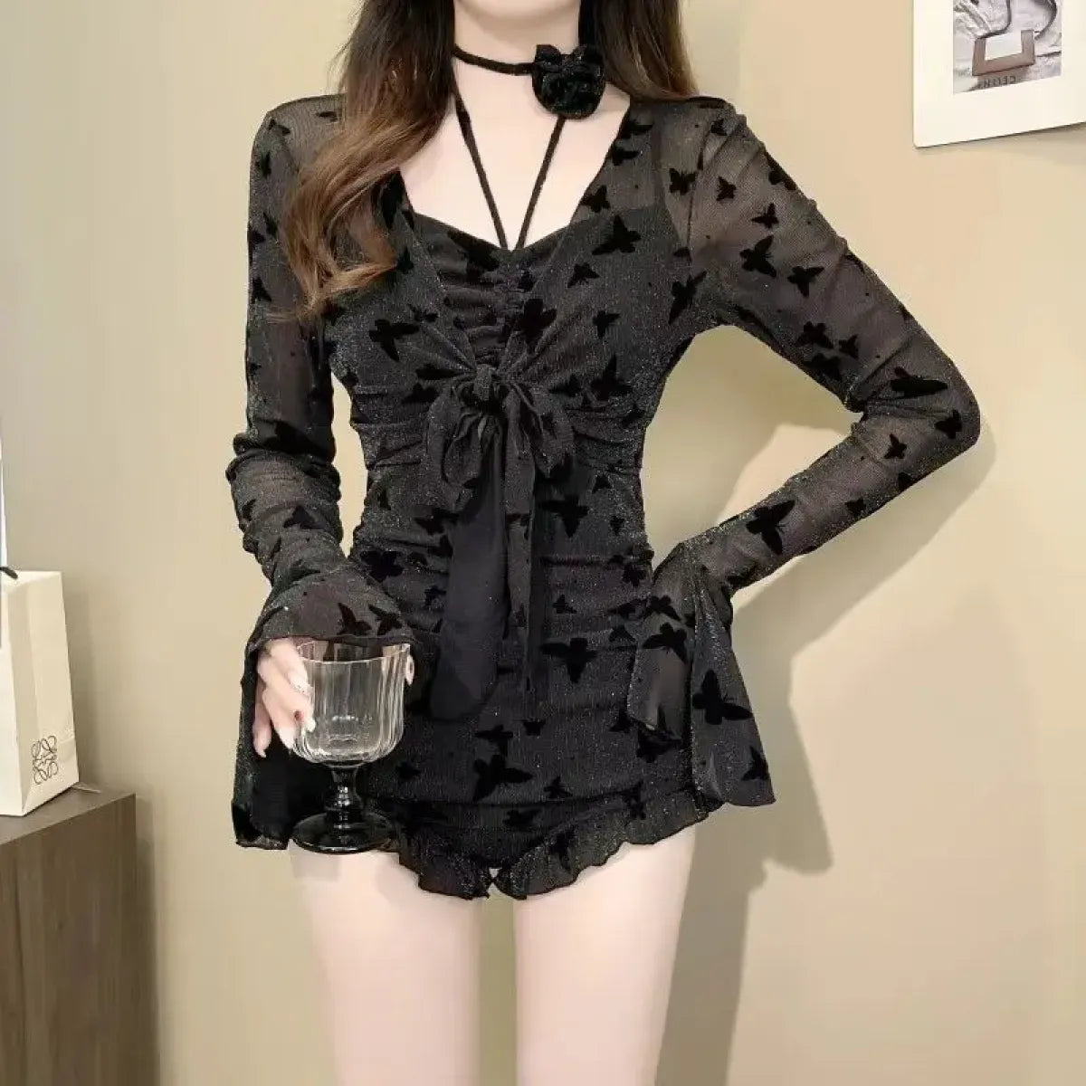 Butterfly Glitter Swimsuit – Kpop 3D Flower 3PCS Mesh Set - Tops & Tees - Long - Swimwear - 3