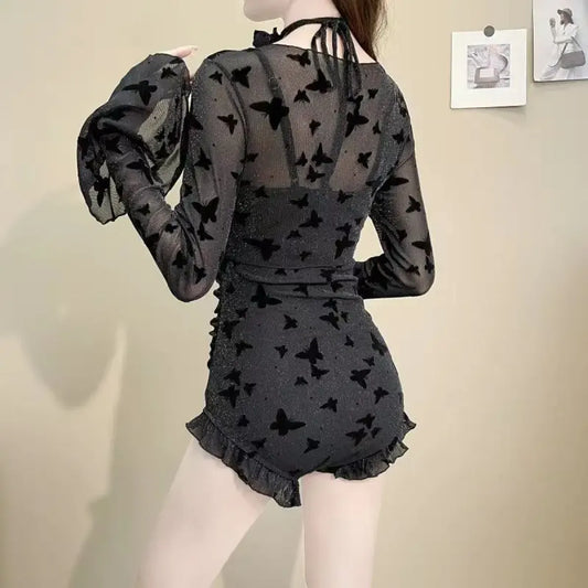Butterfly Glitter Swimsuit – Kpop 3D Flower 3PCS Mesh Set - Tops & Tees - Long - Swimwear - 2