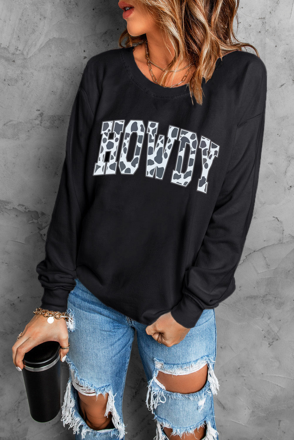 Round Neck Long Sleeve Howdy Graphic Sweatshirt - T-Shirts - Shirts & Tops - 4 - 2024