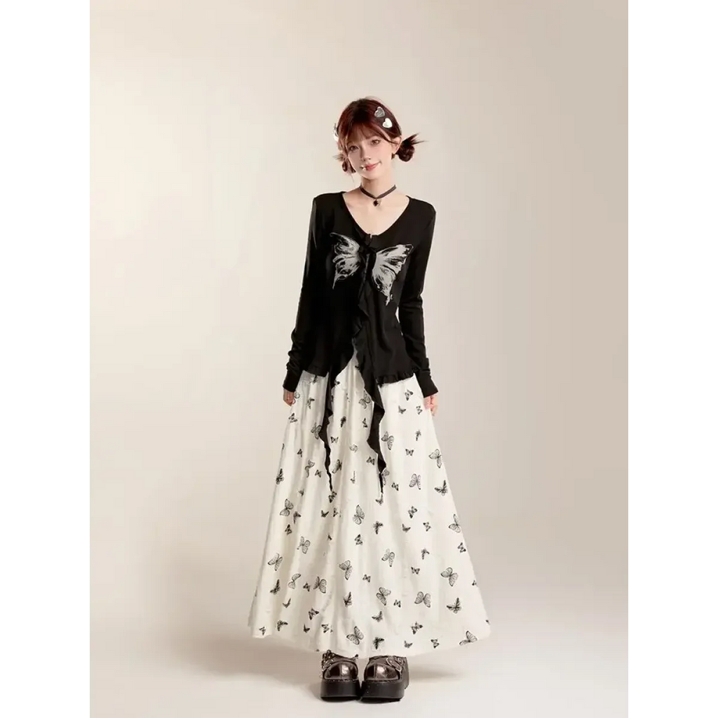 Fairycore Butterfly Print Ruffle Maxi Skirt - Bottoms - Skirts - 1