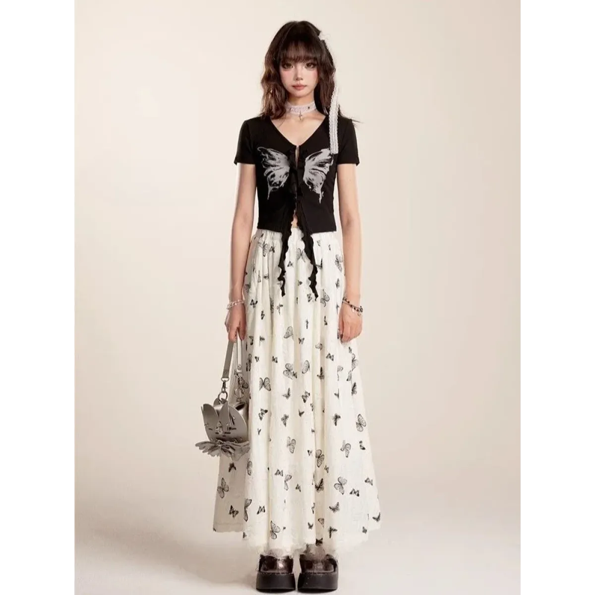 Fairycore Butterfly Print Ruffle Maxi Skirt - Bottoms - Skirts - 2