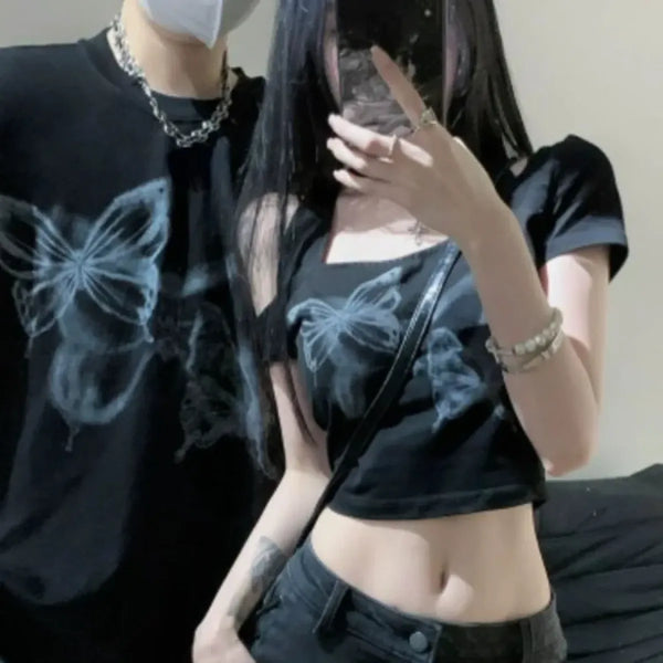 Butterfly Print Off-Shoulder Couples Tee - T-Shirts - T-Shirt - 1