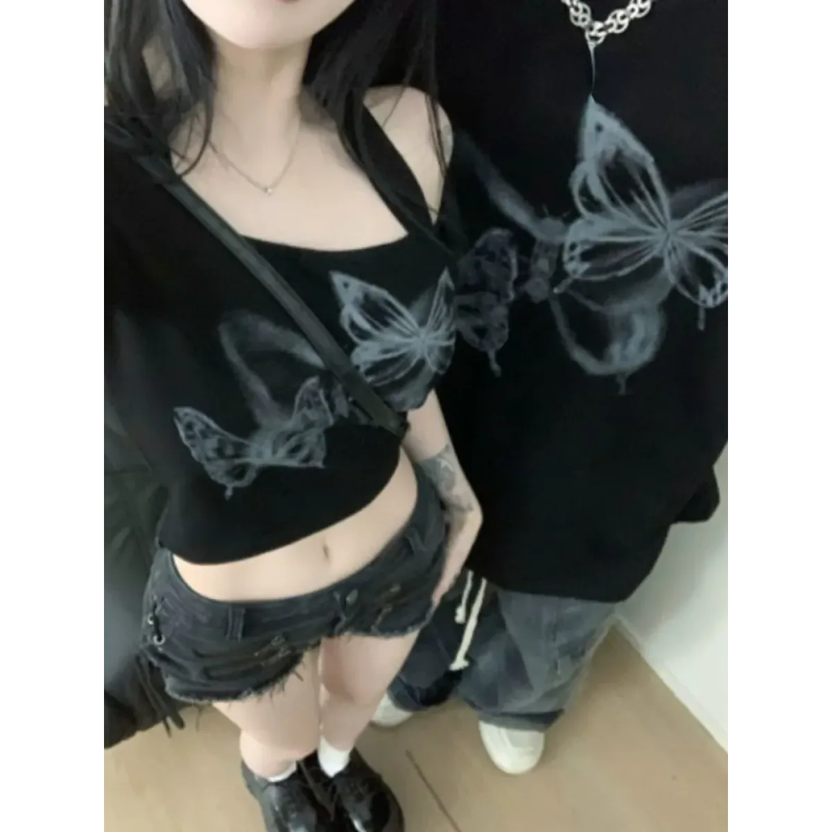 Butterfly Print Off-Shoulder Couples Tee - T-Shirts - T-Shirt - 2