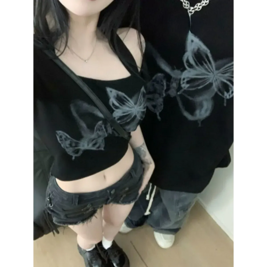 Butterfly Print Off-Shoulder Couples Tee - T-Shirts - T-Shirt - 2