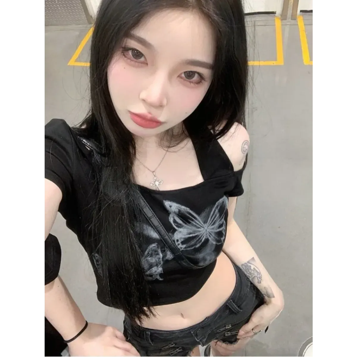 Butterfly Print Off-Shoulder Couples Tee - T-Shirts - T-Shirt - 4