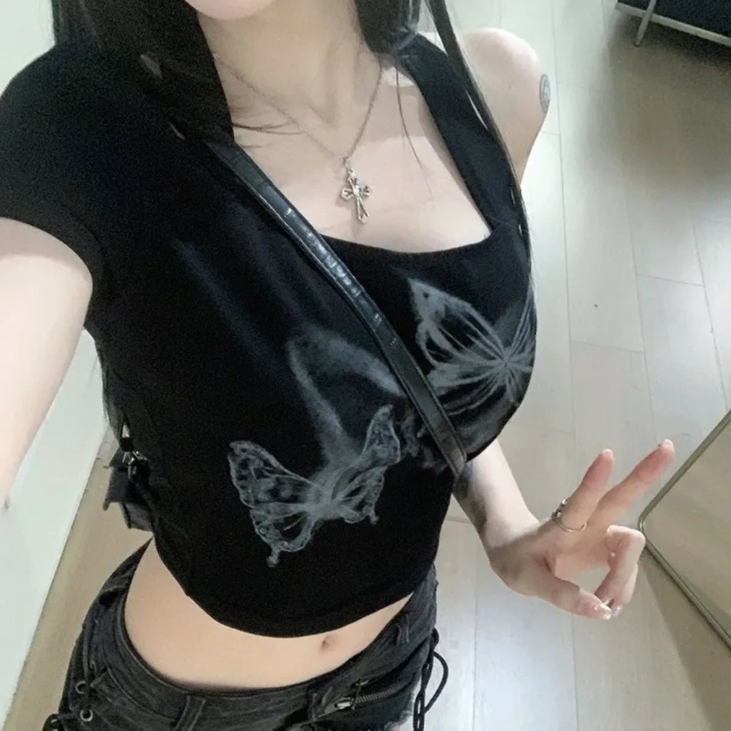 Butterfly Print Off-Shoulder Couples Tee - T-Shirts - T-Shirt - 6