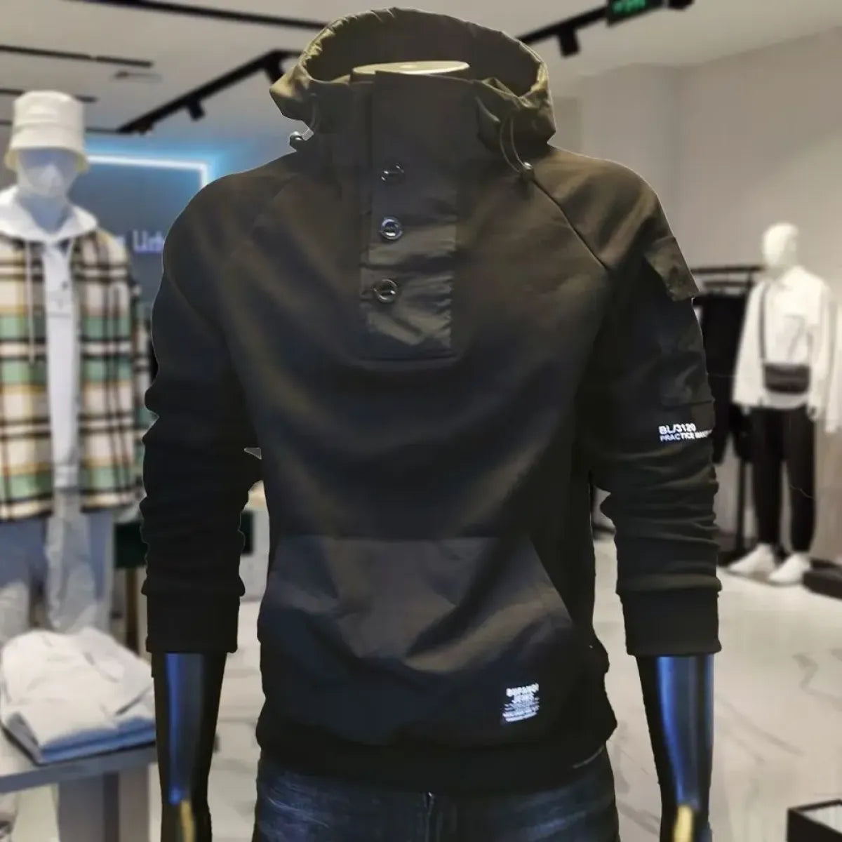 Buttoned Cargo Hoodie with Pockets - Hoodies & Sweatshirts - 1