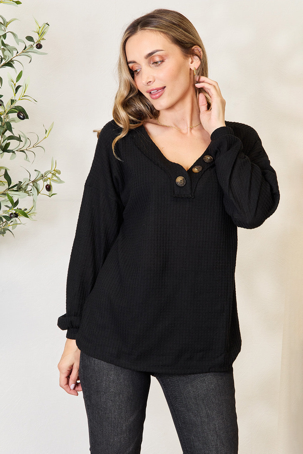 Buttoned Long Sleeve Blouse - Black / S - Women’s Clothing & Accessories - Shirts & Tops - 1 - 2024