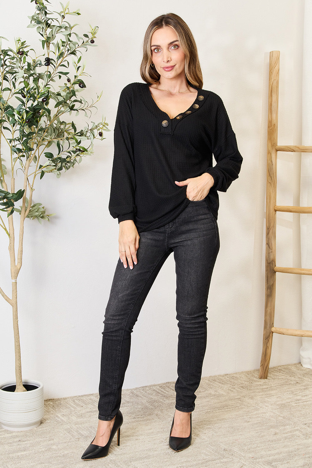 Buttoned Long Sleeve Blouse - Women’s Clothing & Accessories - Shirts & Tops - 4 - 2024